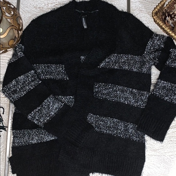 Massini Sweaters - Massini fuzzy black and white striped cardigan